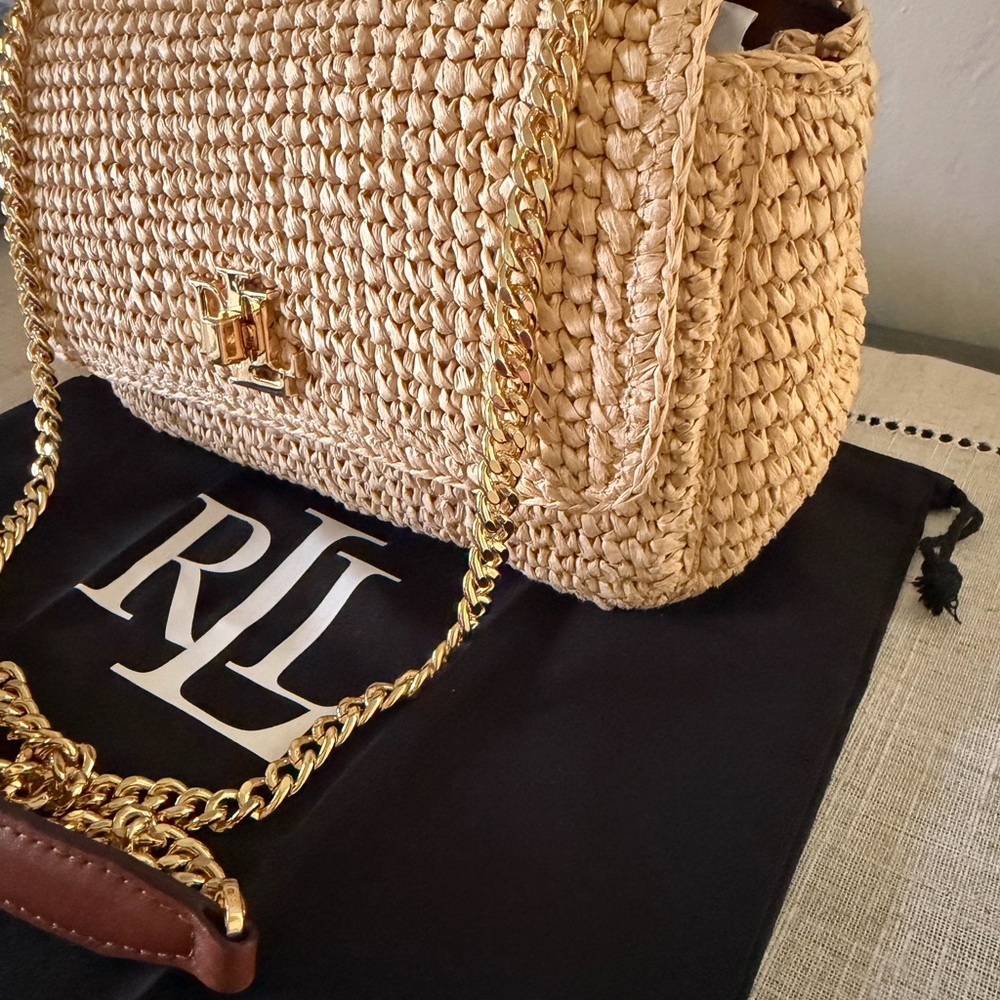 Ralph Lauren Natural Straw Shoulder Bag with Gold Chain - Picture 4 of 14